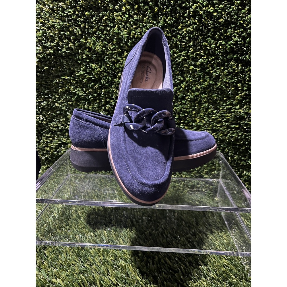 Clarks Zylah May Navy Suede Chain Loafers Platform Style Comfort Shoes Size 9M